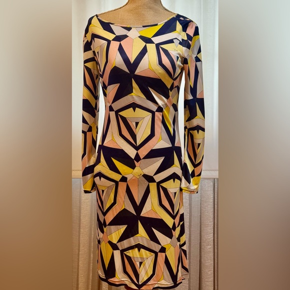 Emilio Pucci Long Sleeve Dress Black, Yellow, Pink Geometric